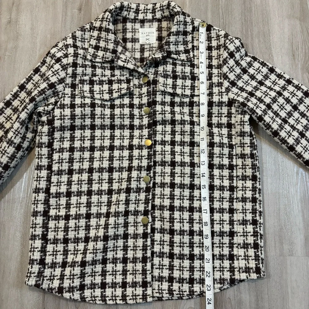 Hayden Girls Size XL Textured Check Jacket Pockets Button Up Fringe Back Shacket